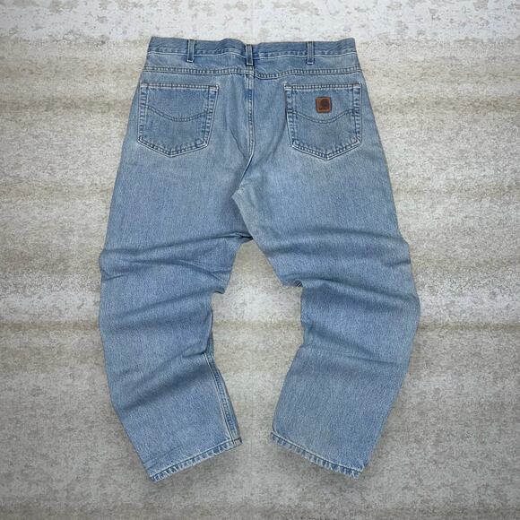 Vintage Carhartt Jeans Regular Straight Leg Fit Light Wash Denim Leather 90s - Picture 1 of 4